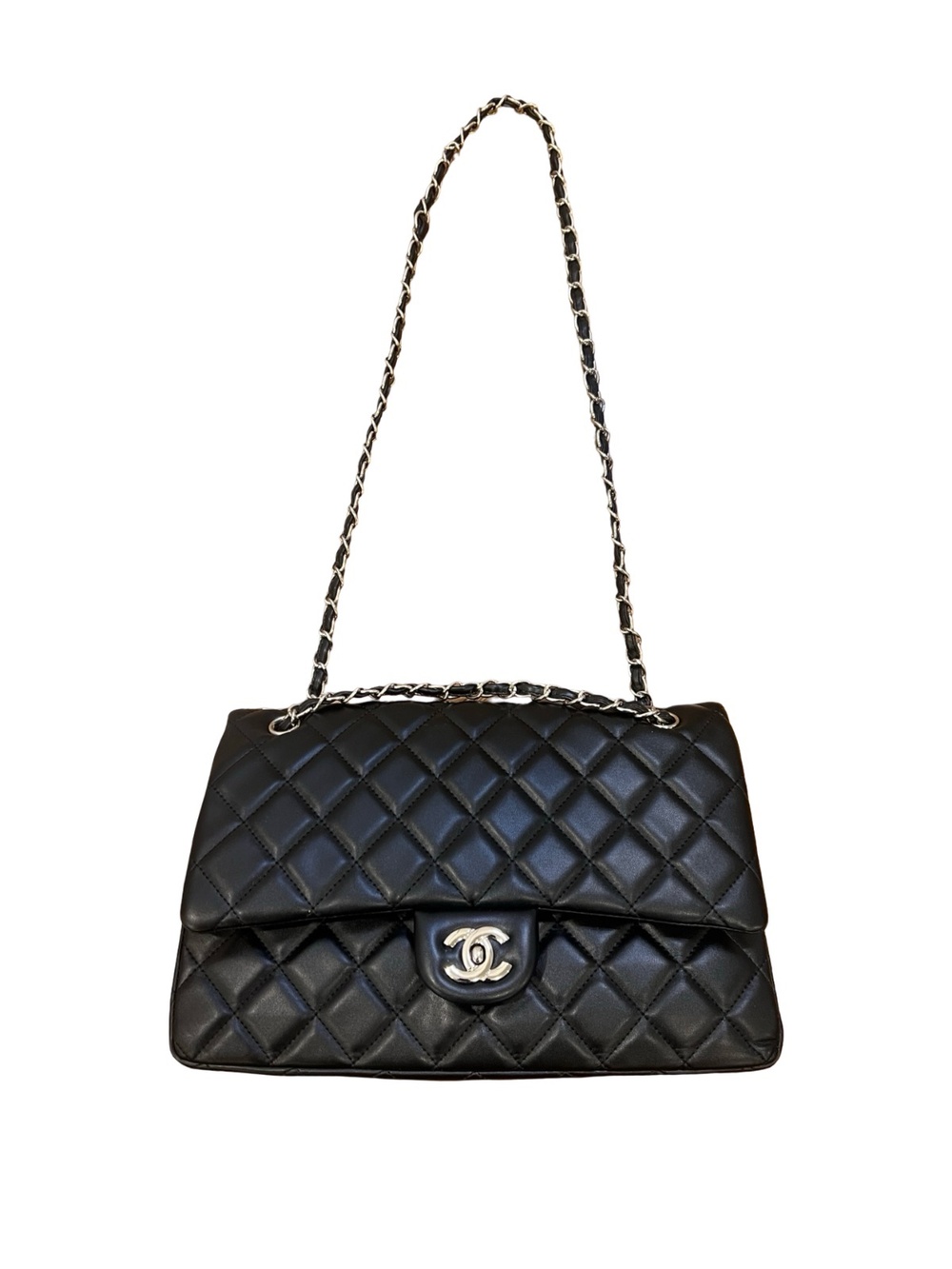 Chanel Classic Flap Handbag Black Quilted Lambskin Silver Chain CC